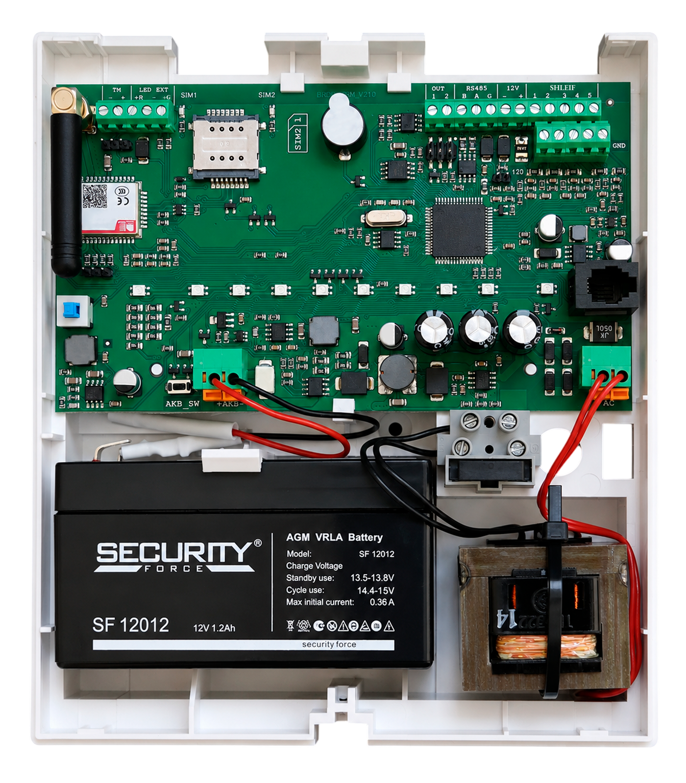 Плата контроллера БРО-5 GSM без крышки: клеммы SHLEIF 1…5, RS-485 (A/B/G), OUT 1/2, 12V, TM, LED EXT, держатели SIM1/SIM2, аккумулятор